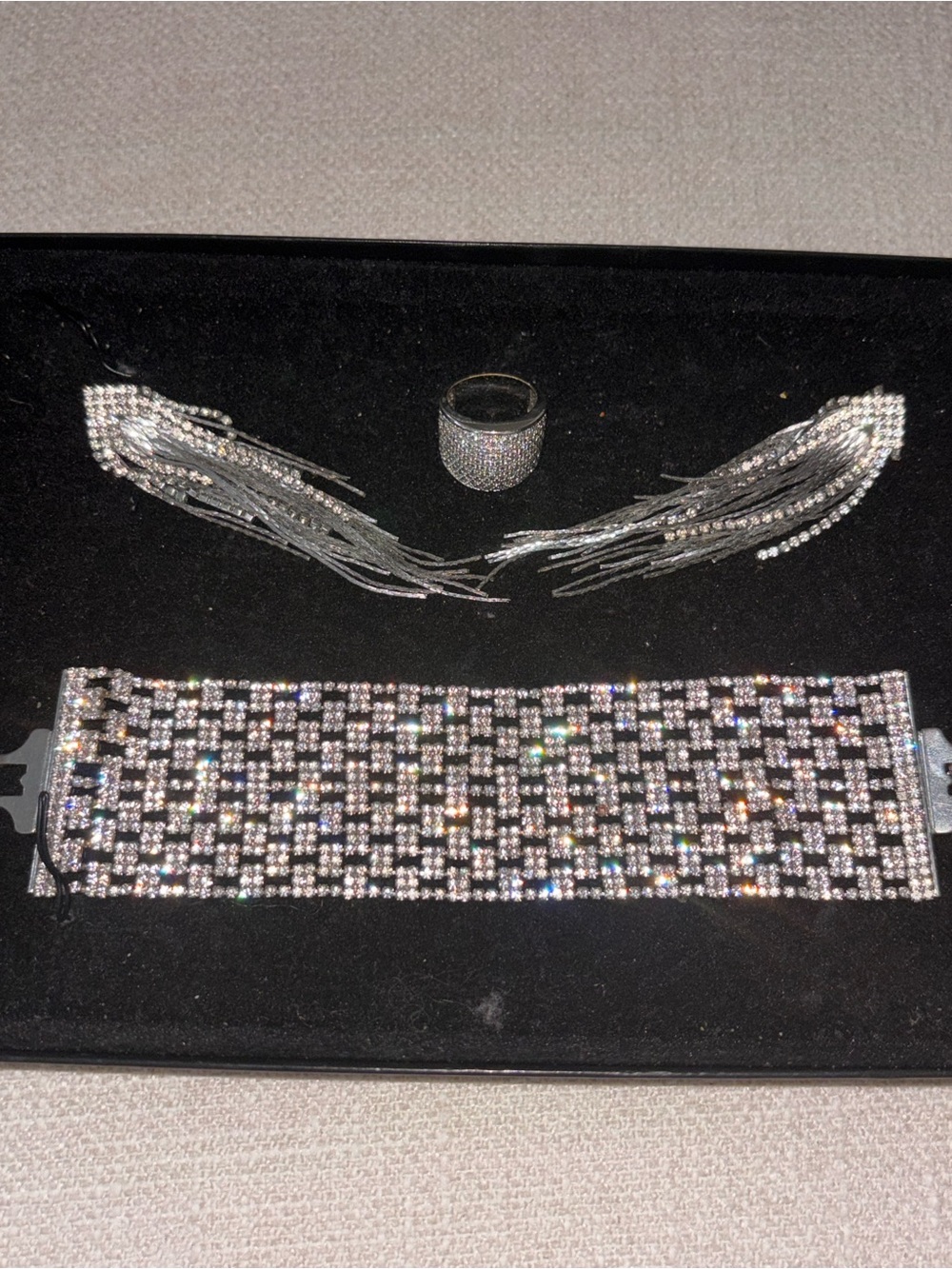 Express Silver Crystal Bracelet, Fringe Earrings and Band Ring Set